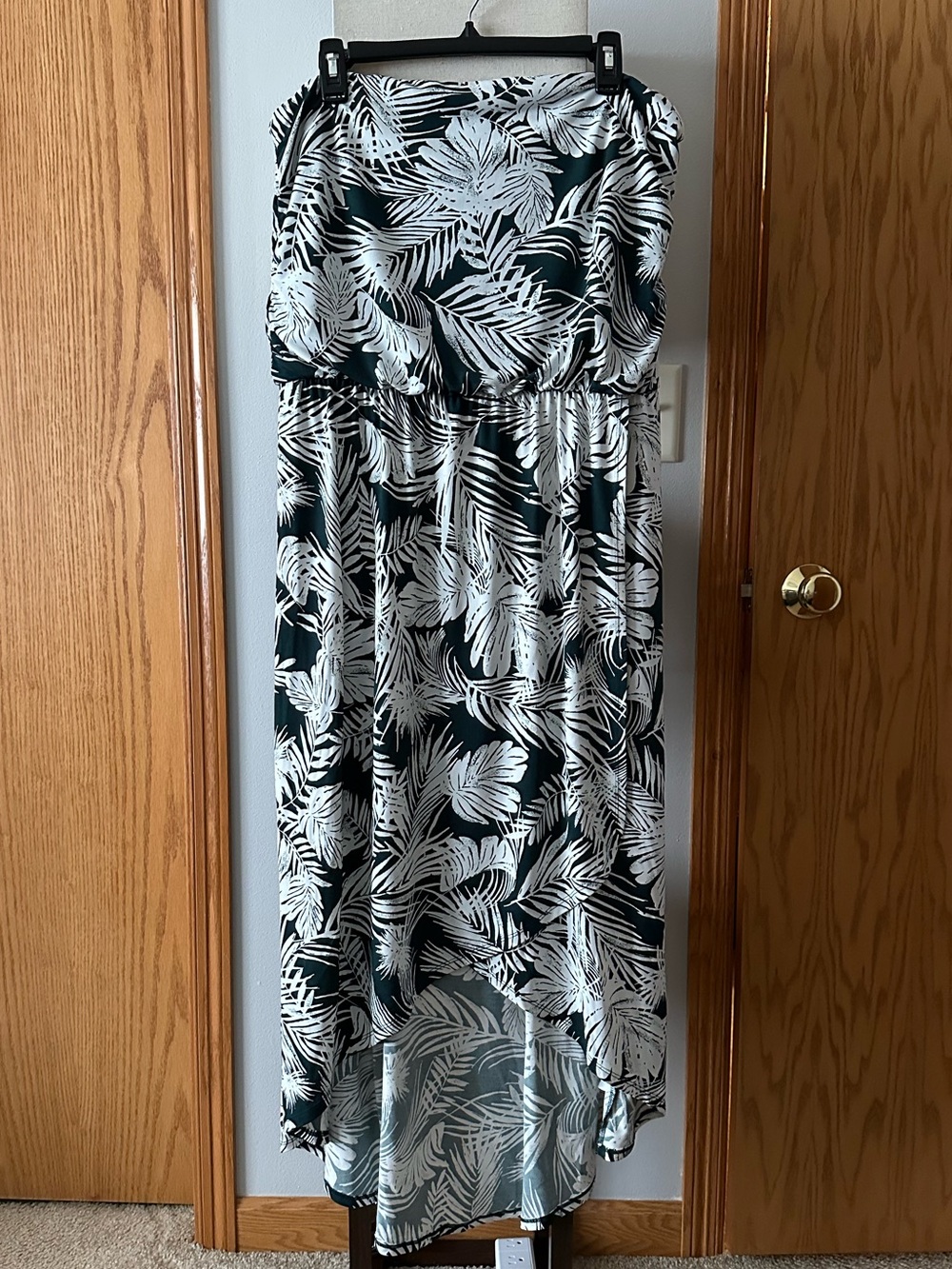 Deep Green and White Tropical Leaf High-Low Hem Strapless Maxi Dress